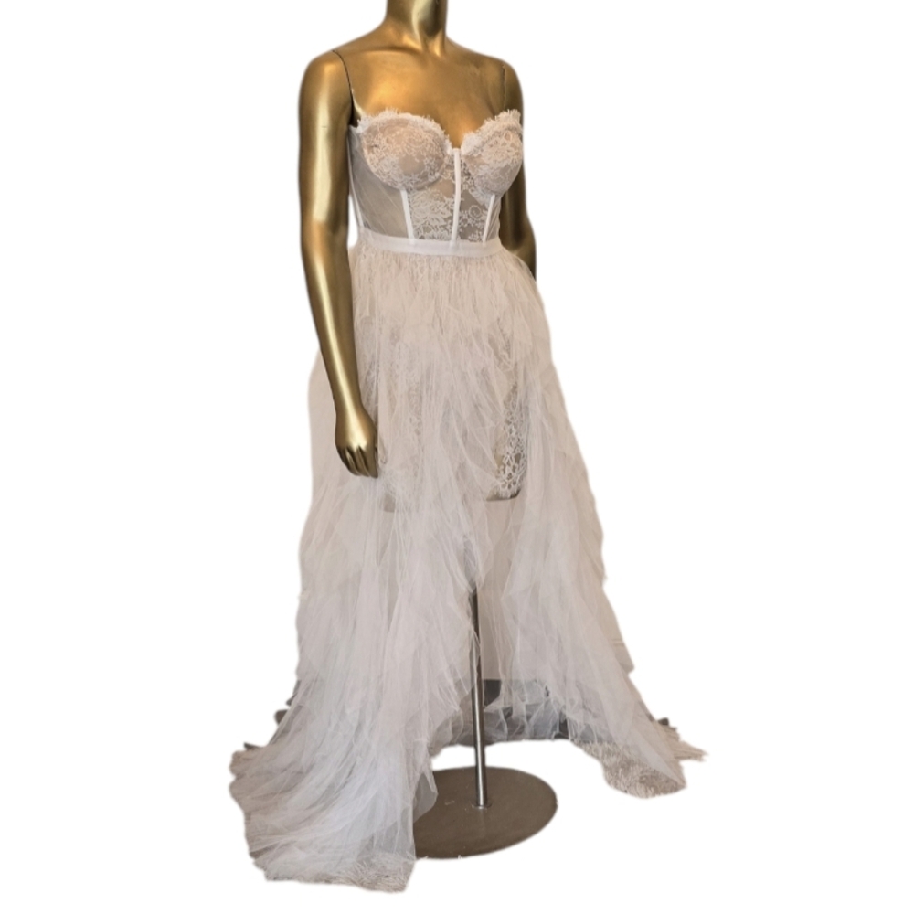 Luxxel Strapless Blush Pink Feather Tulle Gown - Picture 2 of 9